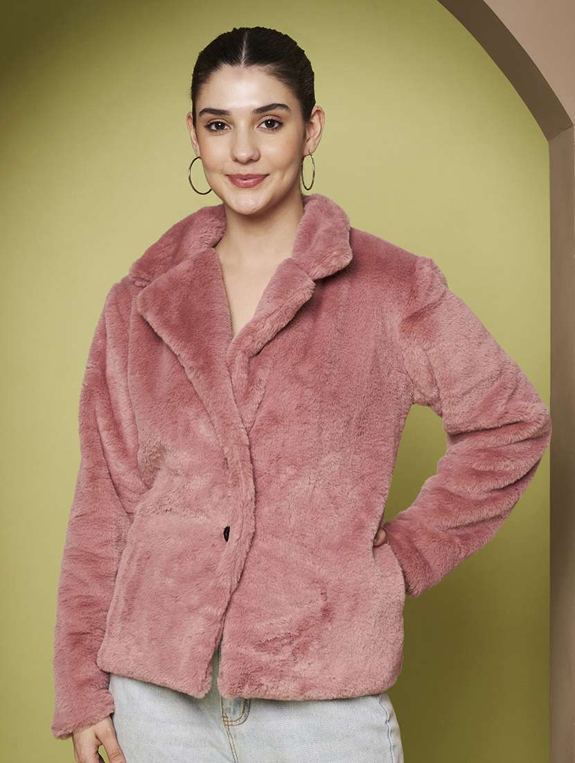 women solid lapel collar long sleeve fur coat