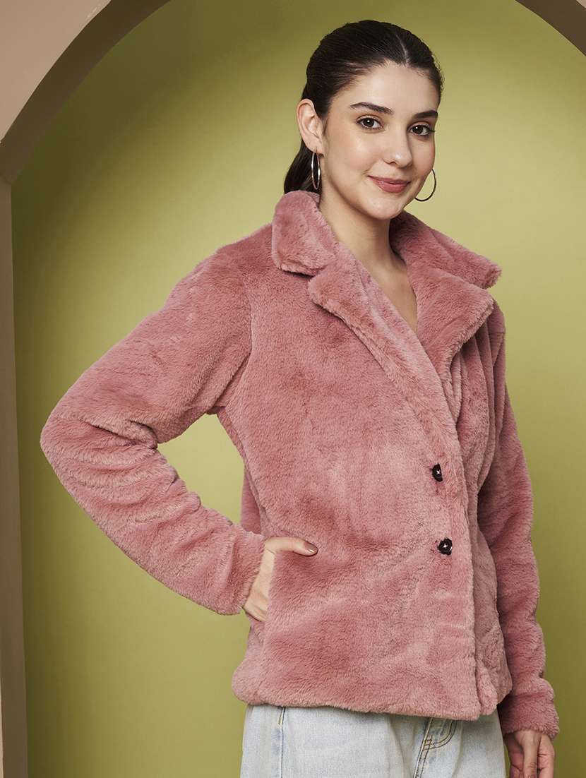 women solid lapel collar long sleeve fur coat - 22265134 -  Standard Image - 3