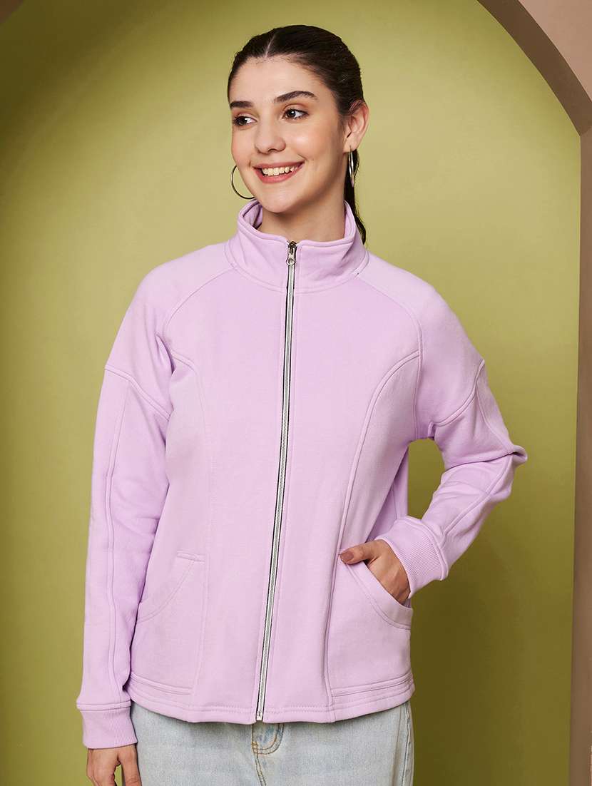 women solid stand collar long sleeve jacket