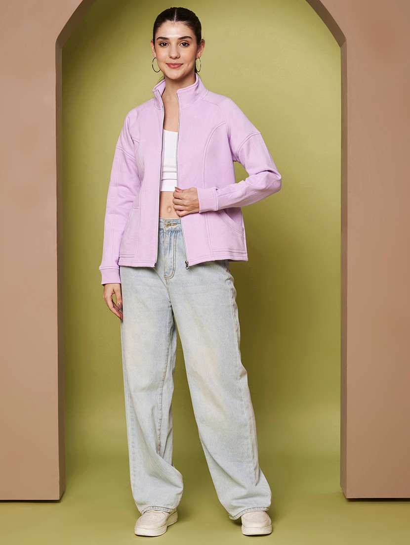 Women Solid Stand Collar Long Sleeve Jacket - 22265137 -  Standard Image - 5