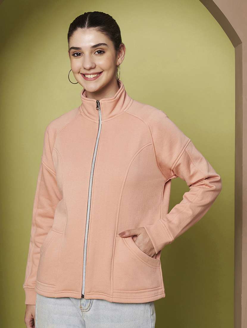 women solid stand collar long sleeve jacket