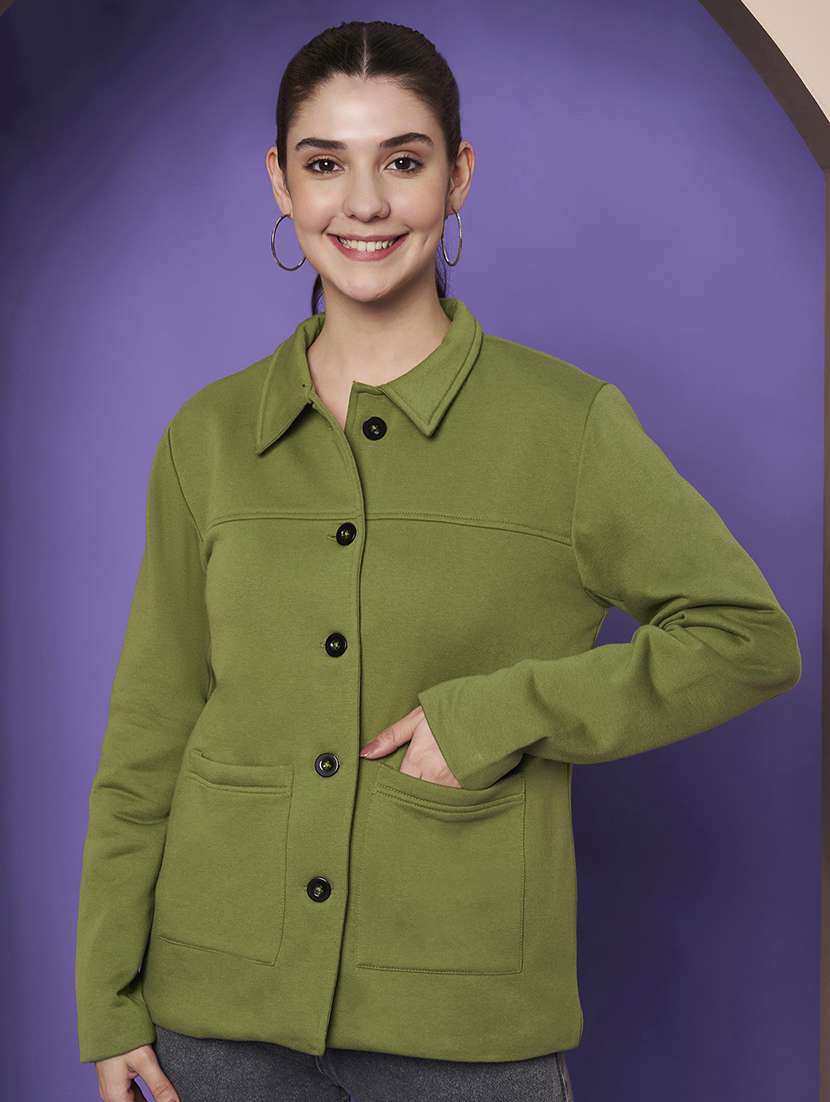 women solid collared long sleeve shacket