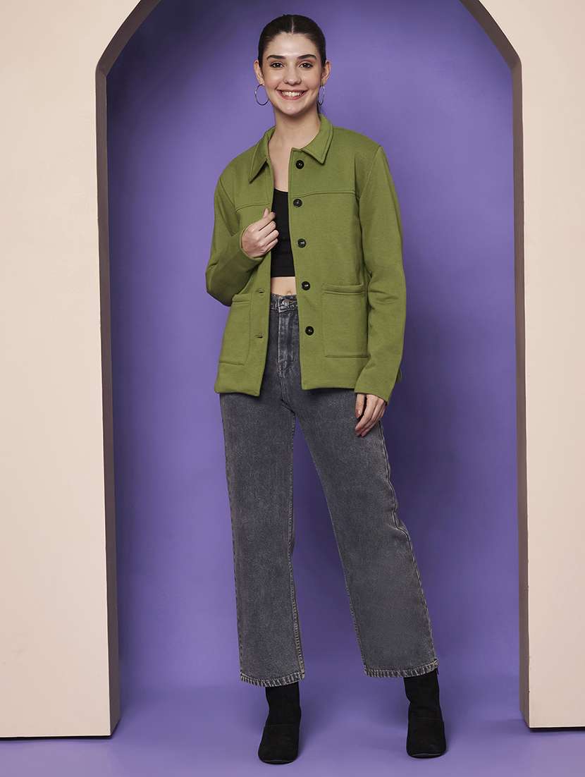 women solid collared long sleeve shacket - 22265139 -  Standard Image - 5