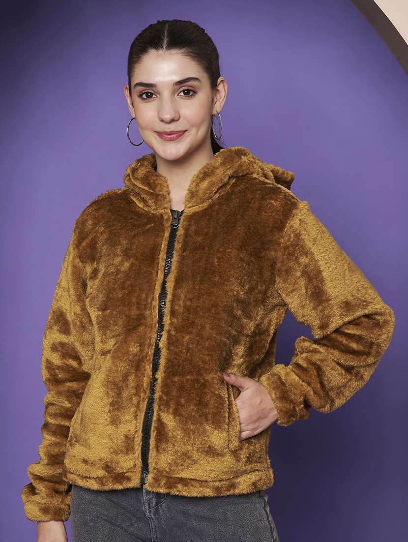 women solid hooded long sleeve fur jacket