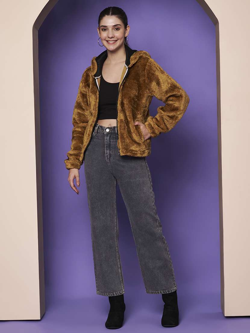 women solid hooded long sleeve fur jacket - 22265142 -  Standard Image - 5