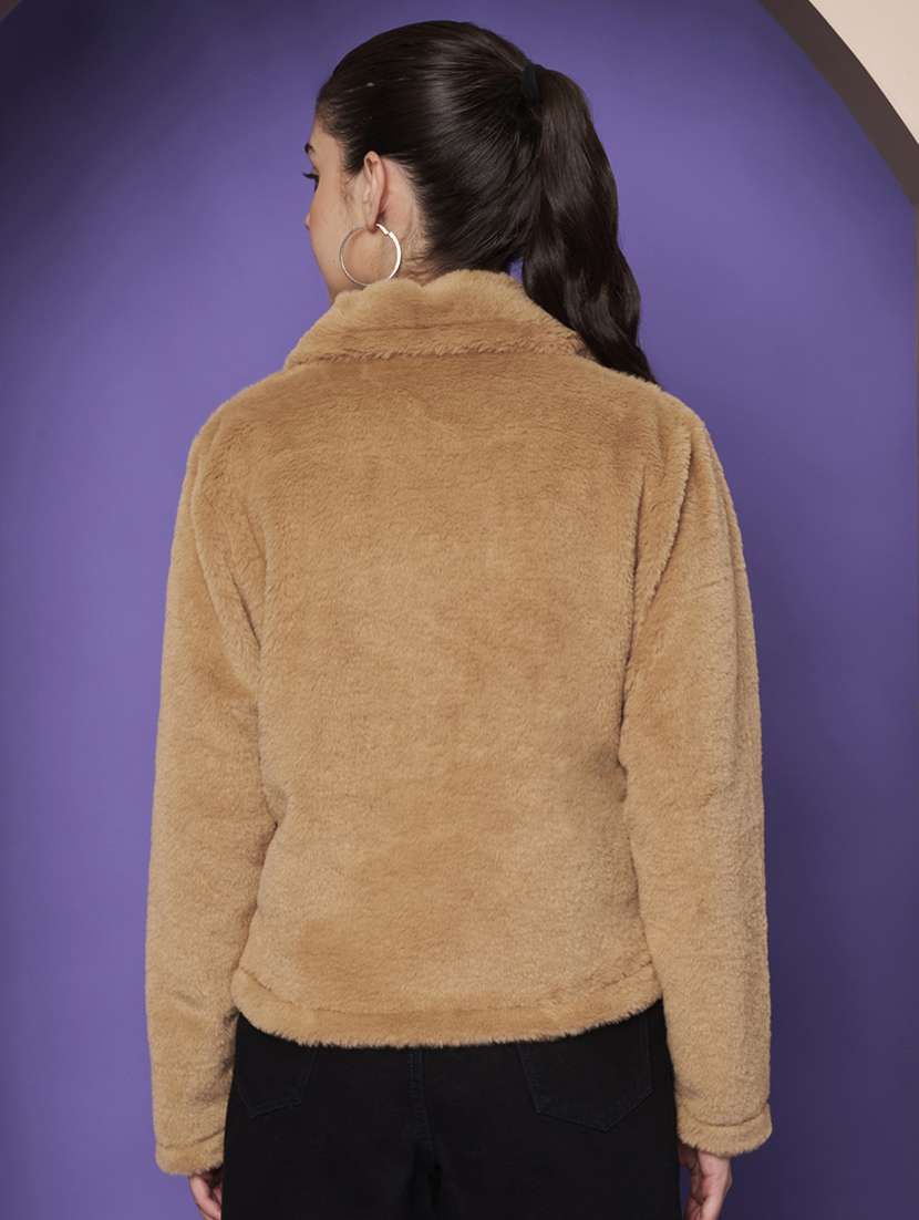 women solid collared long sleeve fur jacket - 22265143 -  Standard Image - 3