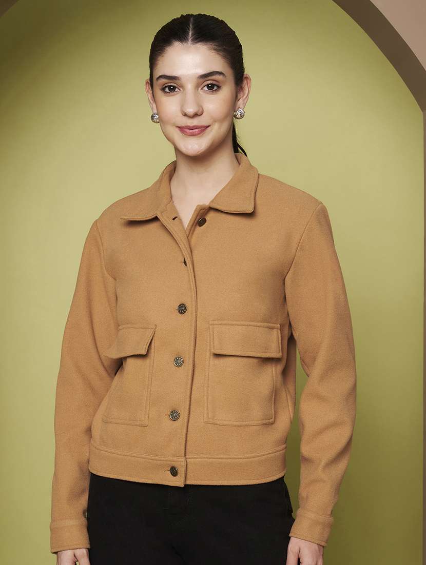 women solid collared long sleeve shacket