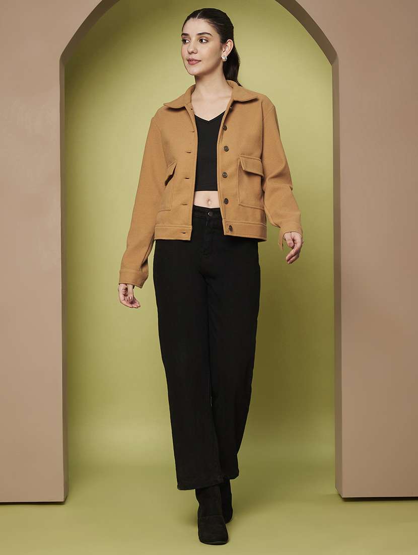 women solid collared long sleeve shacket - 22265144 -  Standard Image - 5