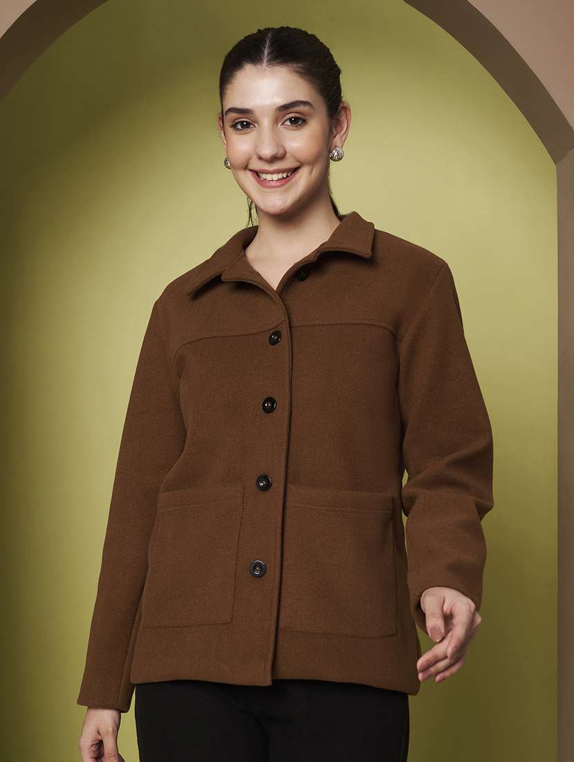 women solid collared long sleeve regular coat
