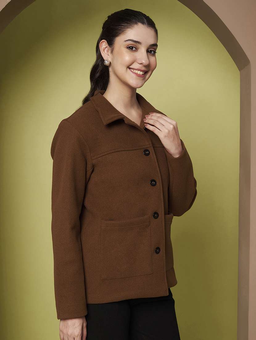 women solid collared long sleeve regular coat - 22265145 -  Standard Image - 3