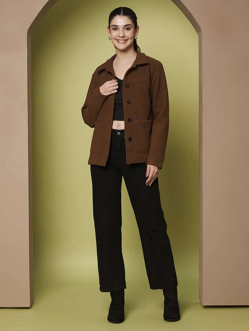 women solid collared long sleeve regular coat - 22265145 -  Standard Image - 5