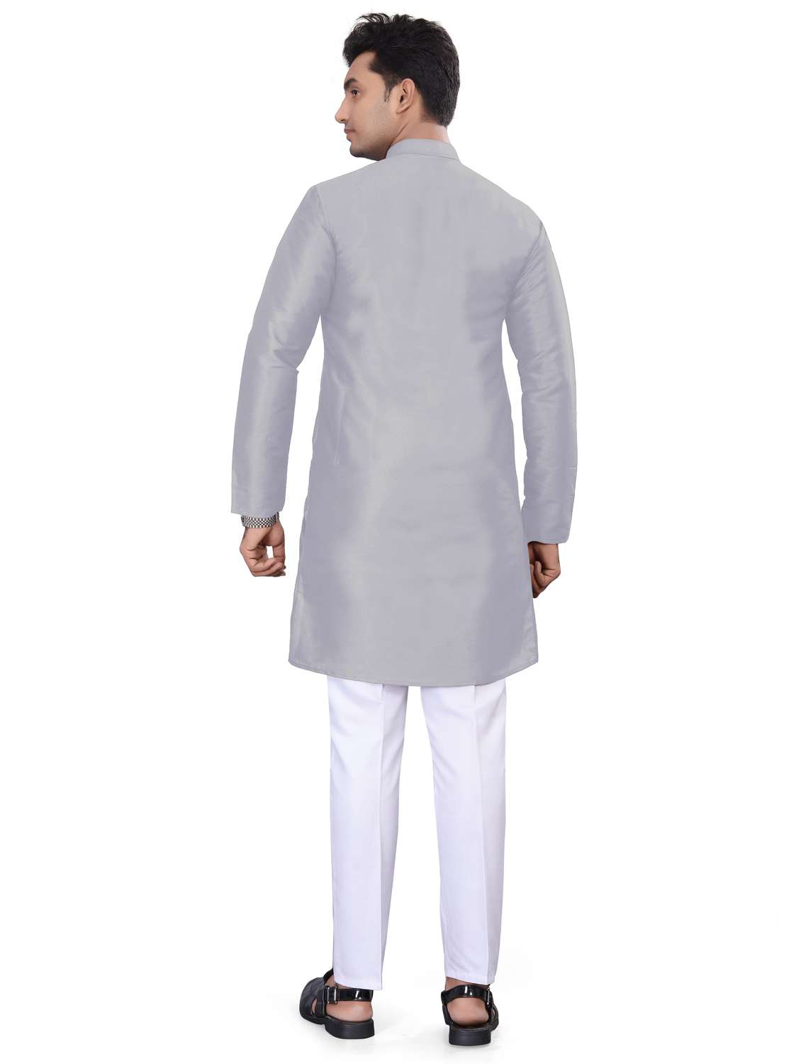 men solid mandarin neck long kurta - 22265471 -  Standard Image - 3