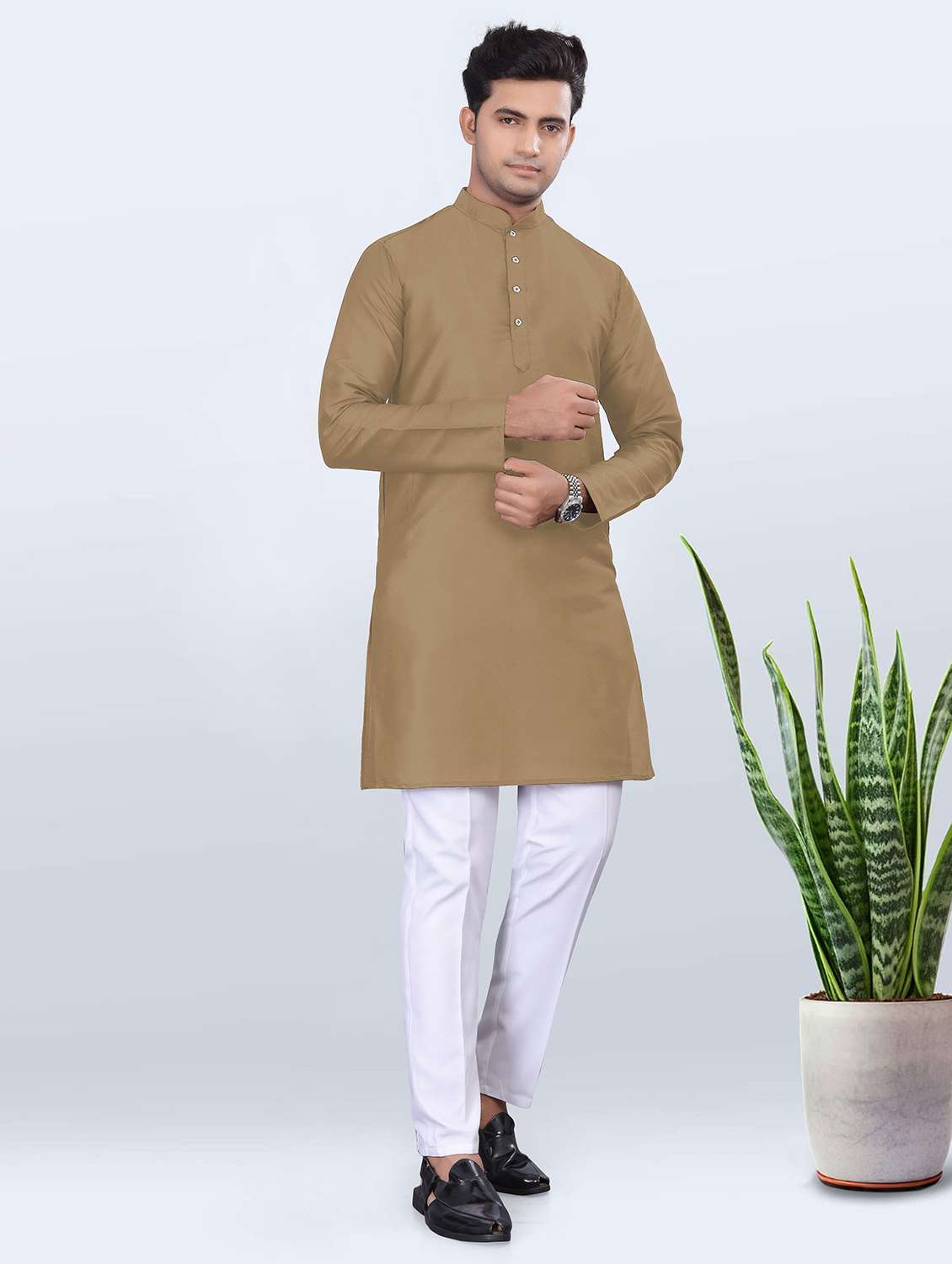 men solid mandarin neck long kurta