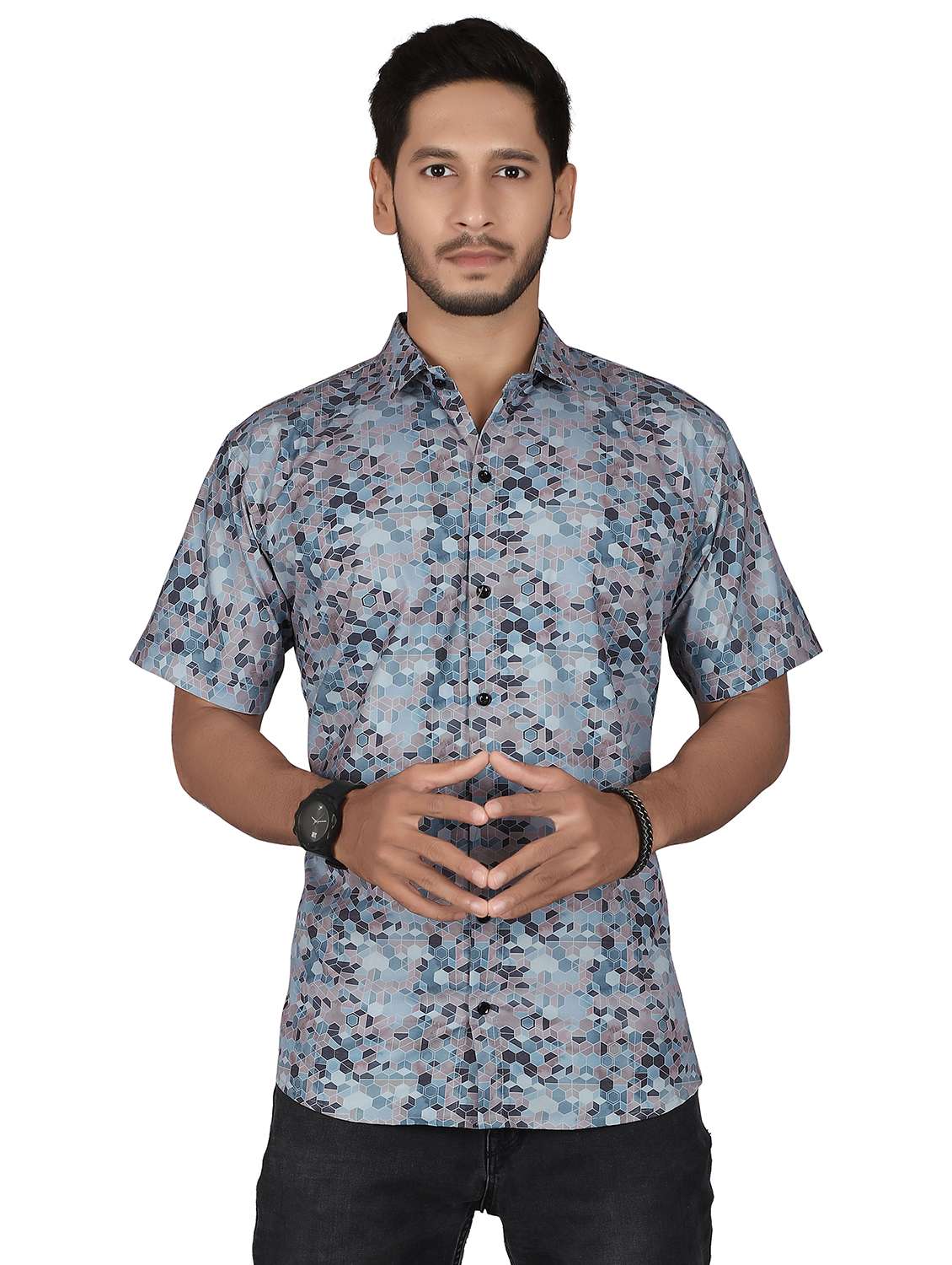 men geometric short sleeve regualr fit casual shirt