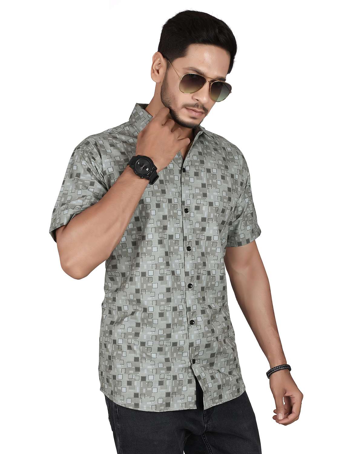 men geometric short sleeve regualr fit casual shirt