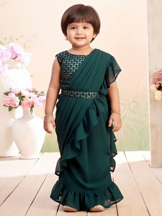 girls solid ruffle pre draped saree