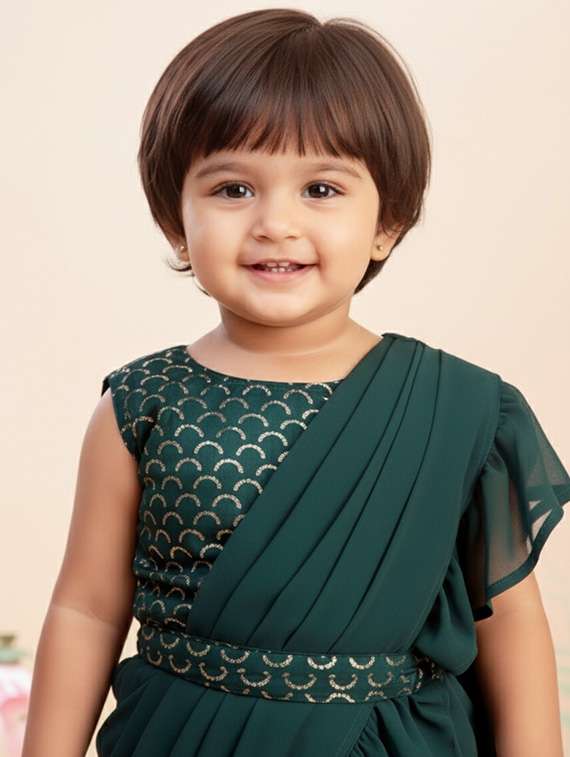 girls solid ruffle pre draped saree - 22265752 -  Standard Image - 3