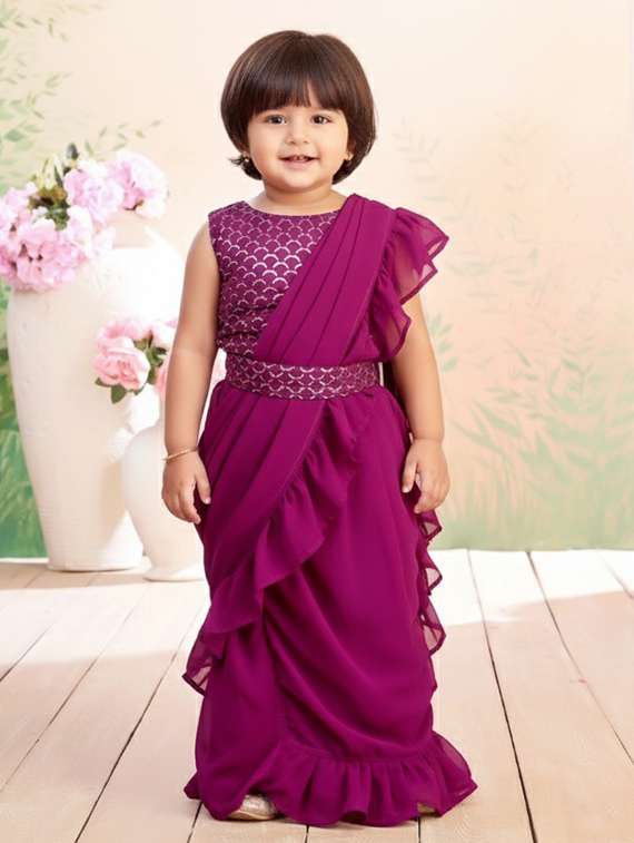 girls solid ruffle pre draped saree
