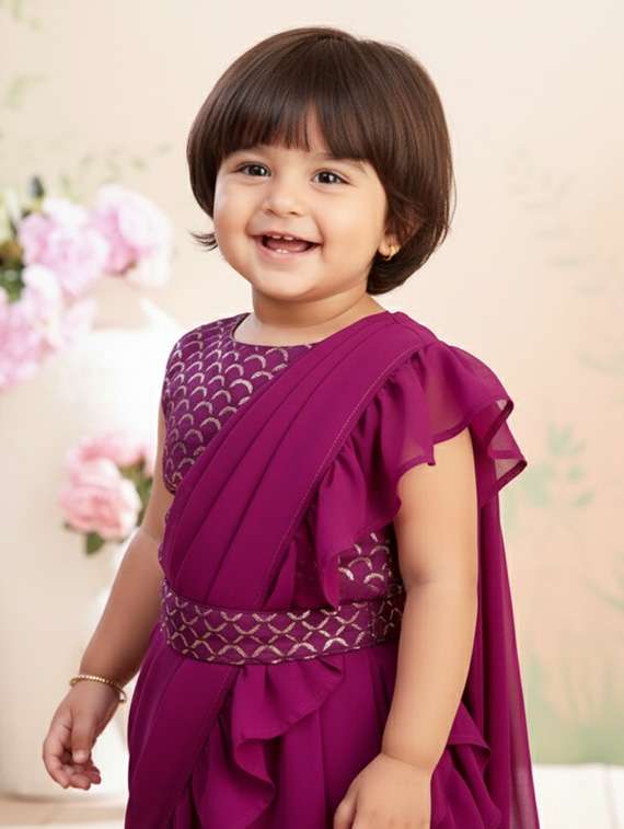 girls solid ruffle pre draped saree - 22265753 -  Standard Image - 3