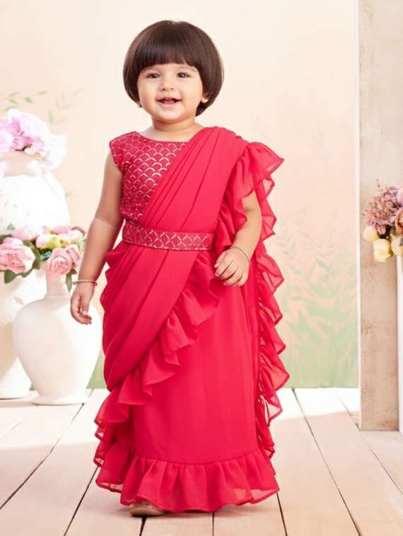 girls solid ruffle pre draped saree
