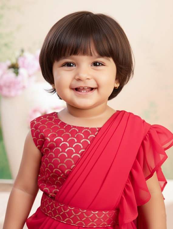 girls solid ruffle pre draped saree - 22265754 -  Standard Image - 3