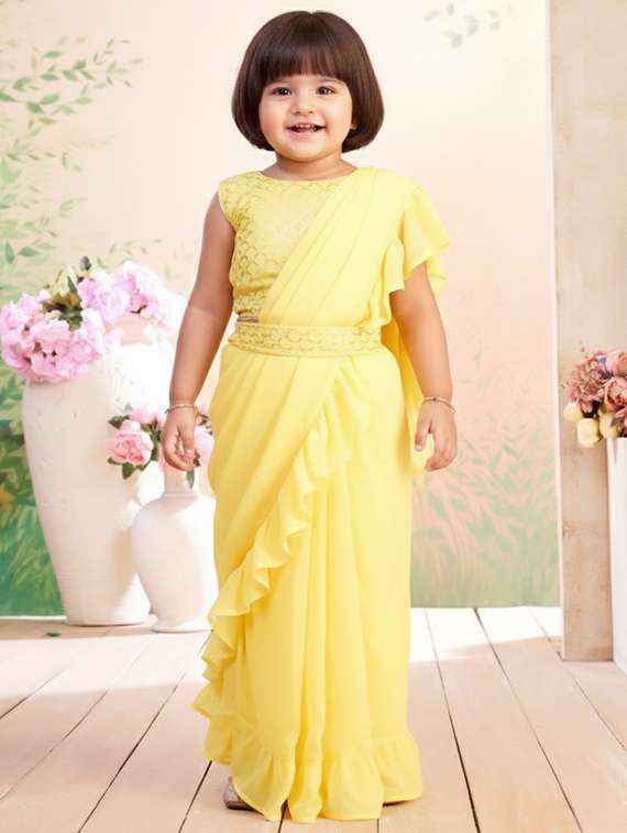 girls solid ruffle pre draped saree