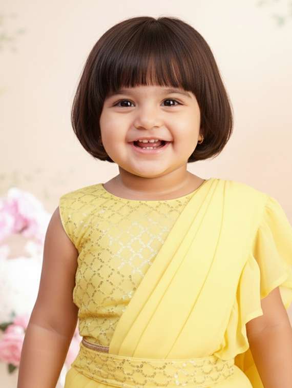girls solid ruffle pre draped saree - 22265755 -  Standard Image - 3