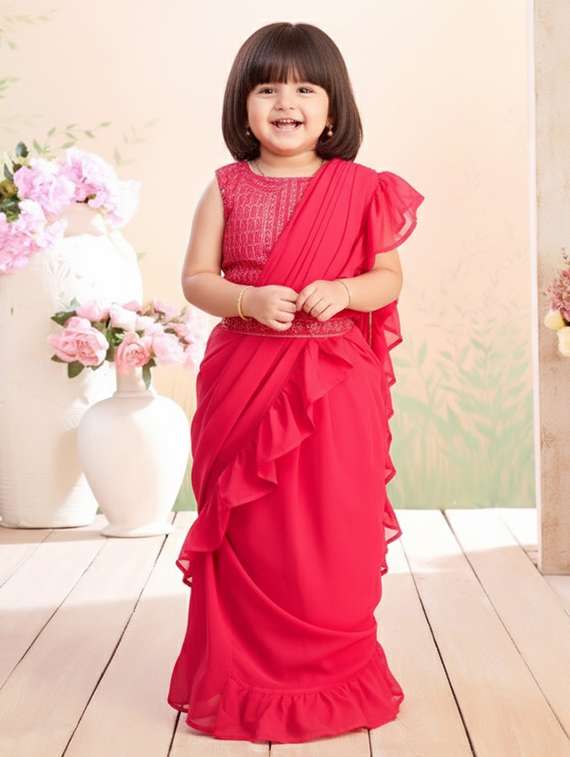 girls solid ruffle pre draped saree