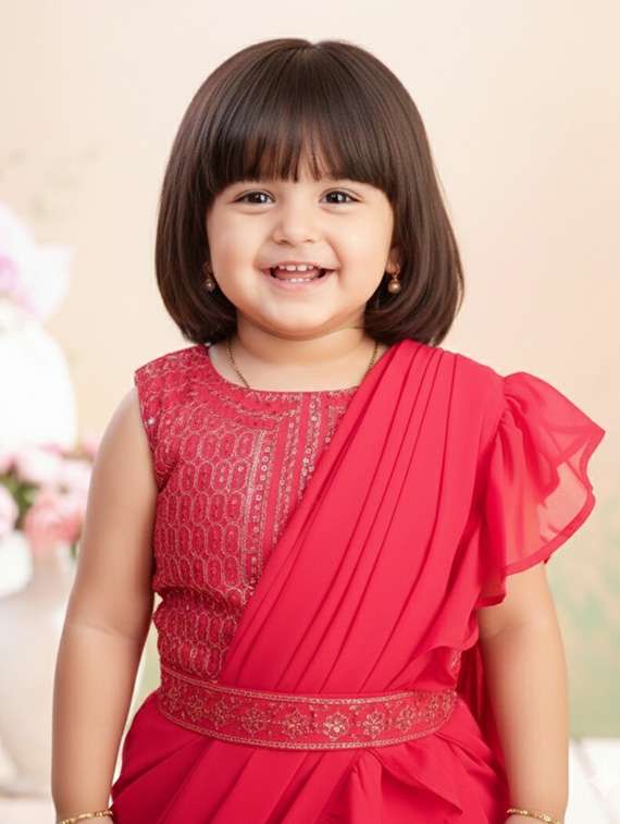 girls solid ruffle pre draped saree - 22265756 -  Standard Image - 3