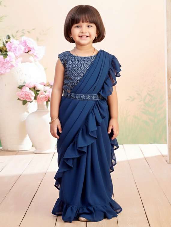 girls solid ruffle pre draped saree