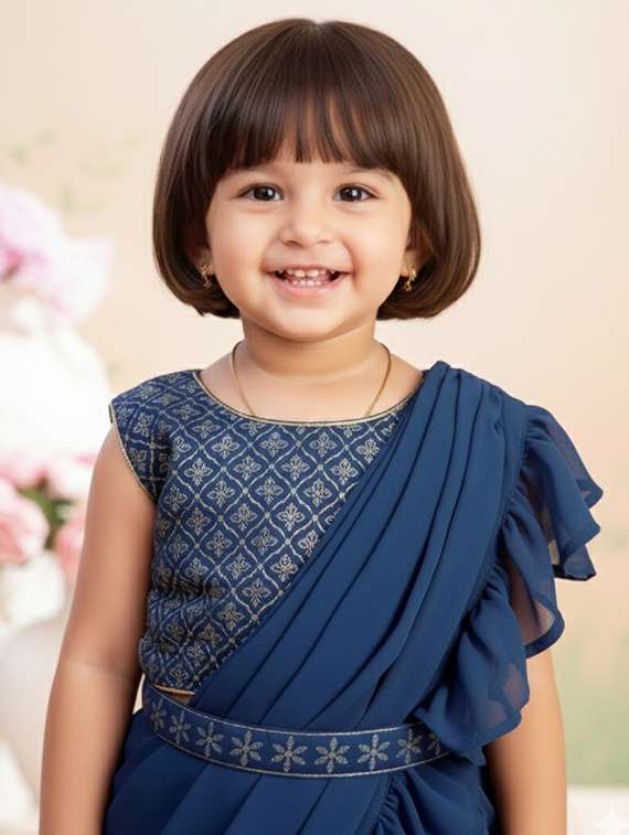girls solid ruffle pre draped saree - 22265757 -  Standard Image - 3