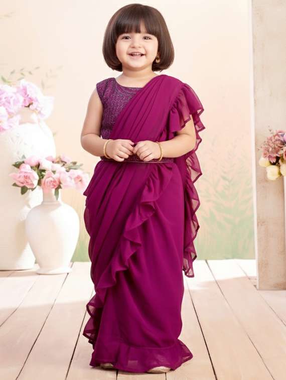 girls solid ruffle pre draped saree