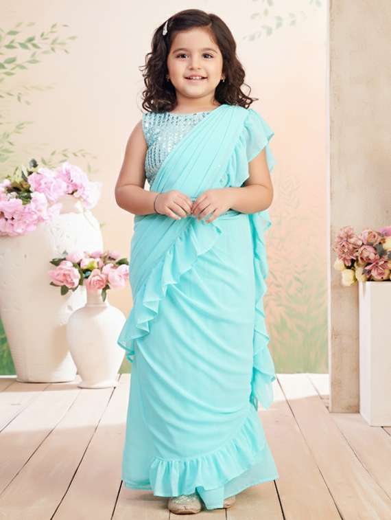 girls solid ruffled ready to wear saree