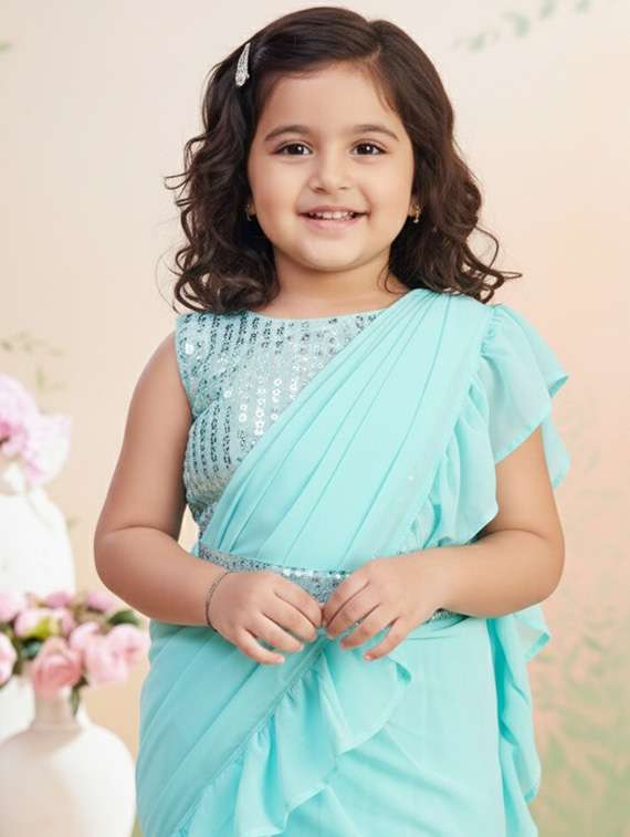 girls solid ruffled ready to wear saree - 22265759 -  Standard Image - 3