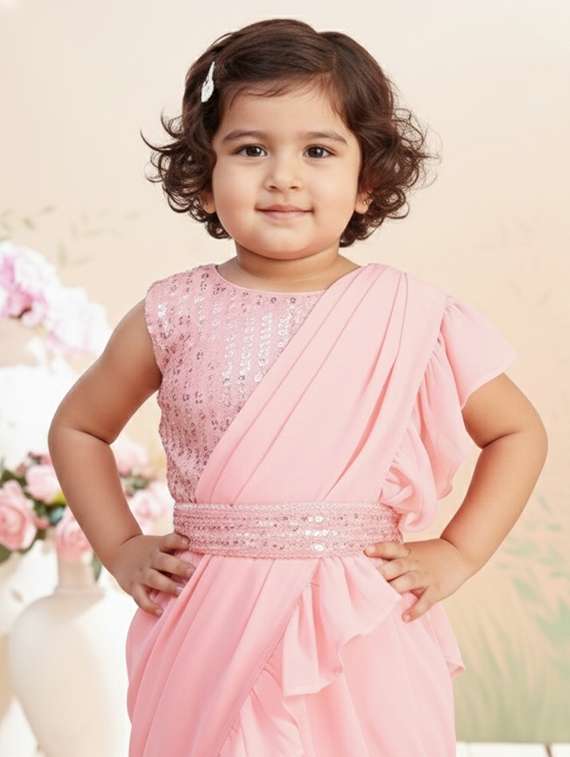 girls solid ruffle pre draped saree - 22265760 -  Standard Image - 3