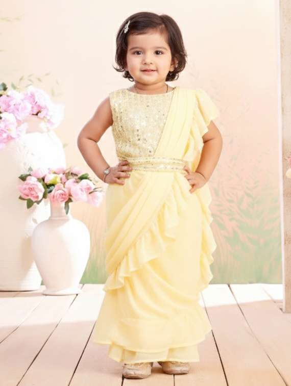 girls solid ruffle pre draped saree