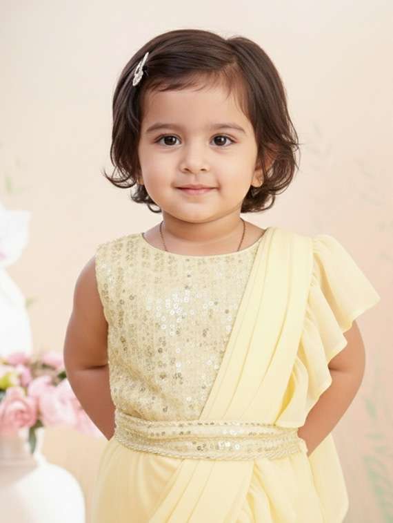girls solid ruffle pre draped saree - 22265761 -  Standard Image - 3
