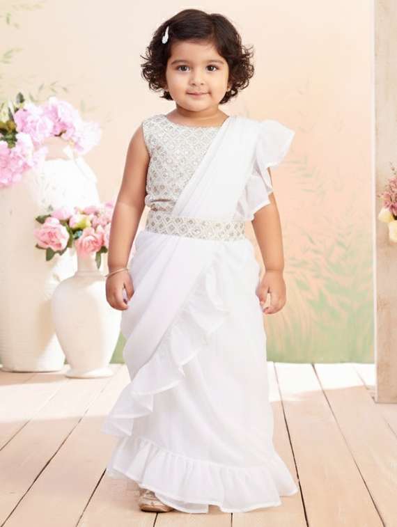 girls solid ruffle pre draped saree