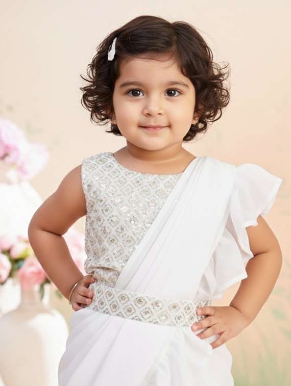 girls solid ruffle pre draped saree - 22265762 -  Standard Image - 3