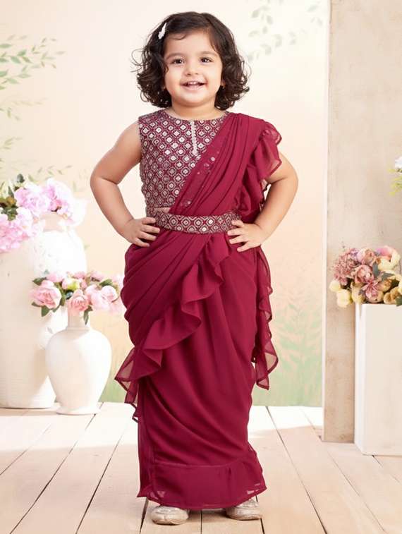 girls solid ruffle pre draped saree