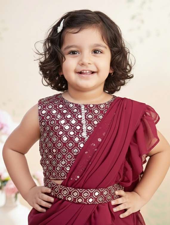 girls solid ruffle pre draped saree - 22265763 -  Standard Image - 3