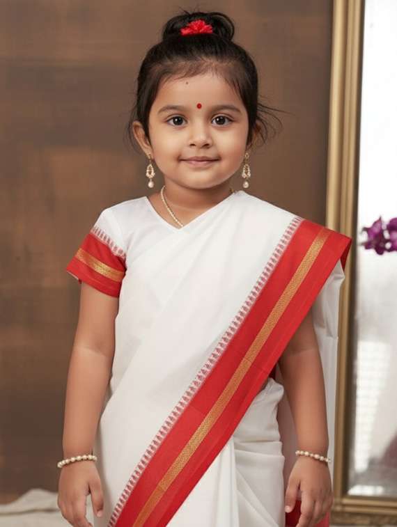 girls solid bordered ready to wear saree - 22265769 -  Standard Image - 3
