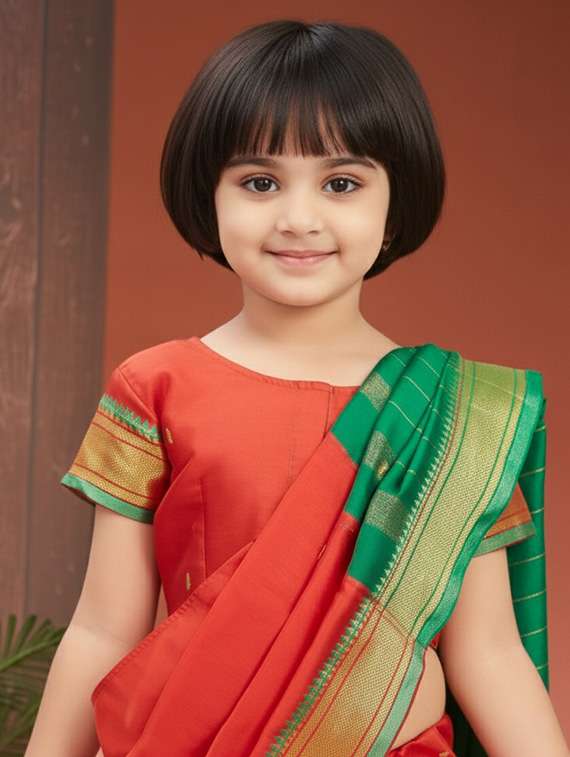 girls solid bordered ready to wear nauvari saree - 22265770 -  Standard Image - 3