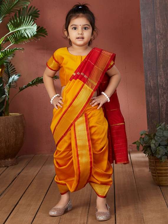 girls solid bordered ready to wear nauvari saree