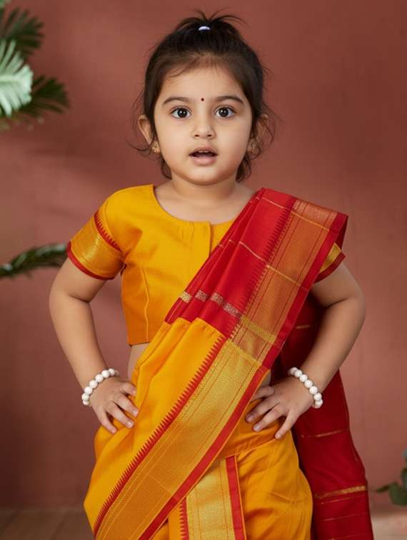 girls solid bordered ready to wear nauvari saree - 22265771 -  Standard Image - 3