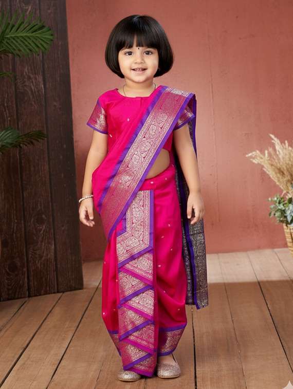 girls solid bordered ready to wear nauvari saree