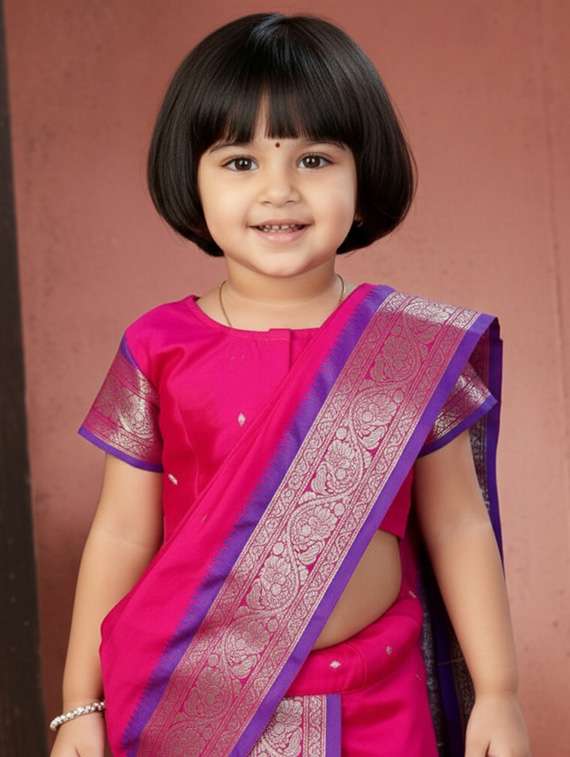 girls solid bordered ready to wear nauvari saree - 22265774 -  Standard Image - 3