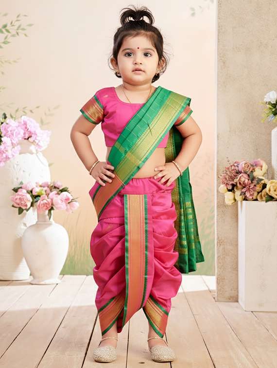 girls solid bordered ready to wear nauvari saree
