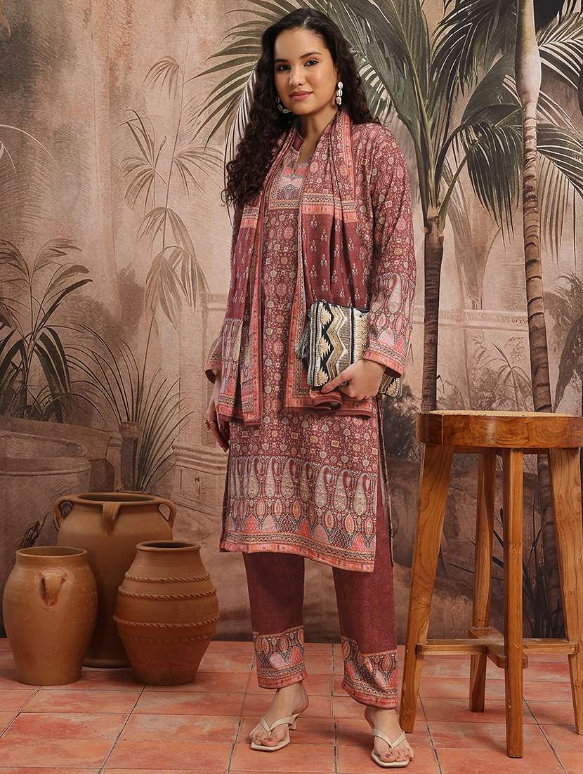 women printed long sleeve kurta pant with dupatta set
