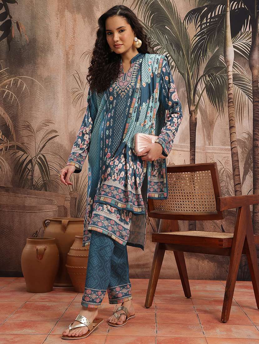 women printed long sleeve kurta pant with dupatta set